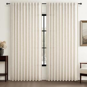 Birch 70 Inches Extra Wide Sheer Curtains Cream Linen Pleated Living Room 84 Inches Long, Neutral Textured Light Filtering Privacy Sliding Door Thick Drapes for Large Window (70"Wx84"Lx2 Panels Hooks)