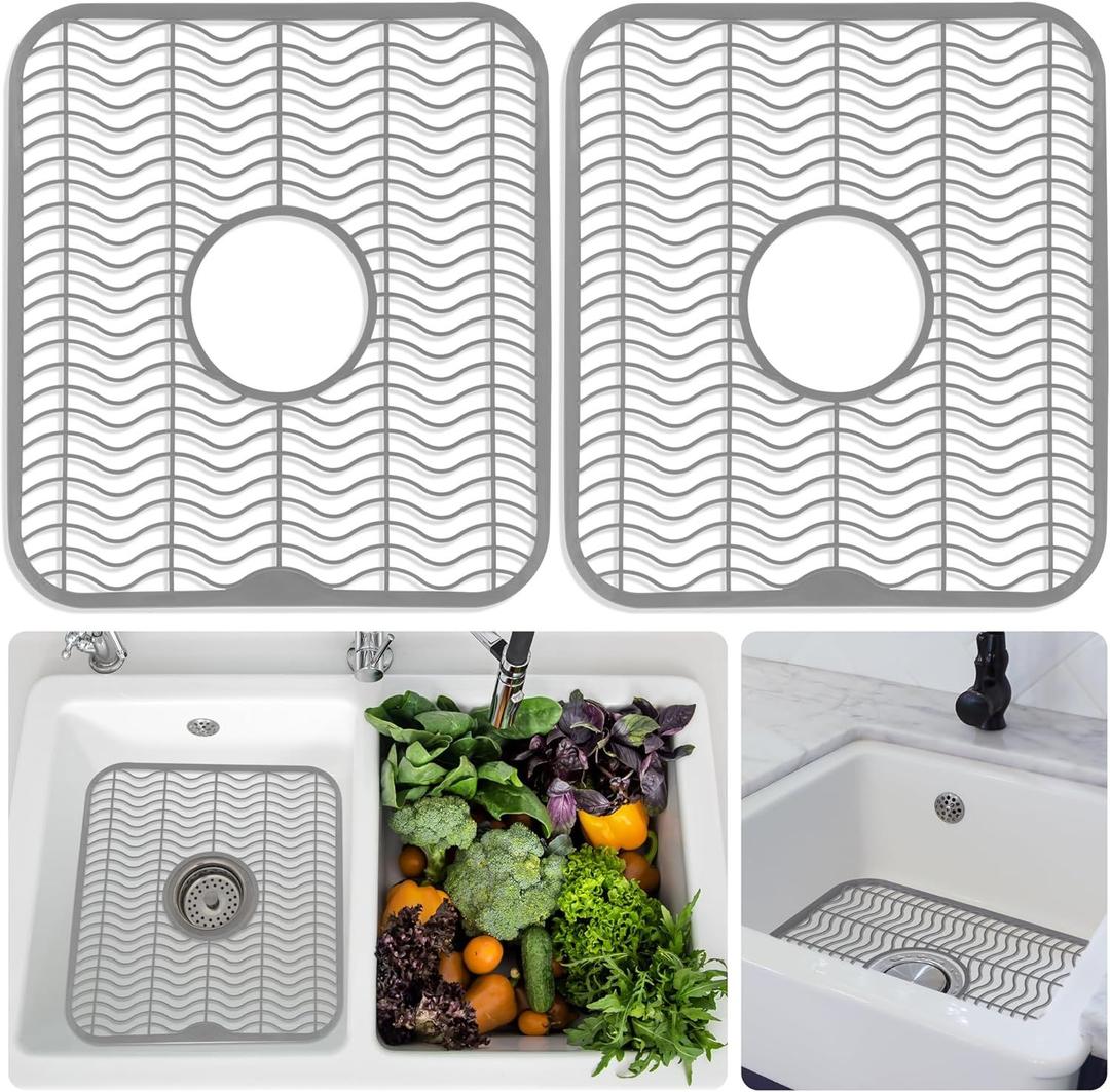 DecorRack 2 Sink Protectors for Kitchen Sink, Plastic 12" x 11" Dish Rack, Protect Sink from Stains, Damage, Scratches, Dishwasher Safe Grid Mat for Kitchen (2 Pack, Gray)