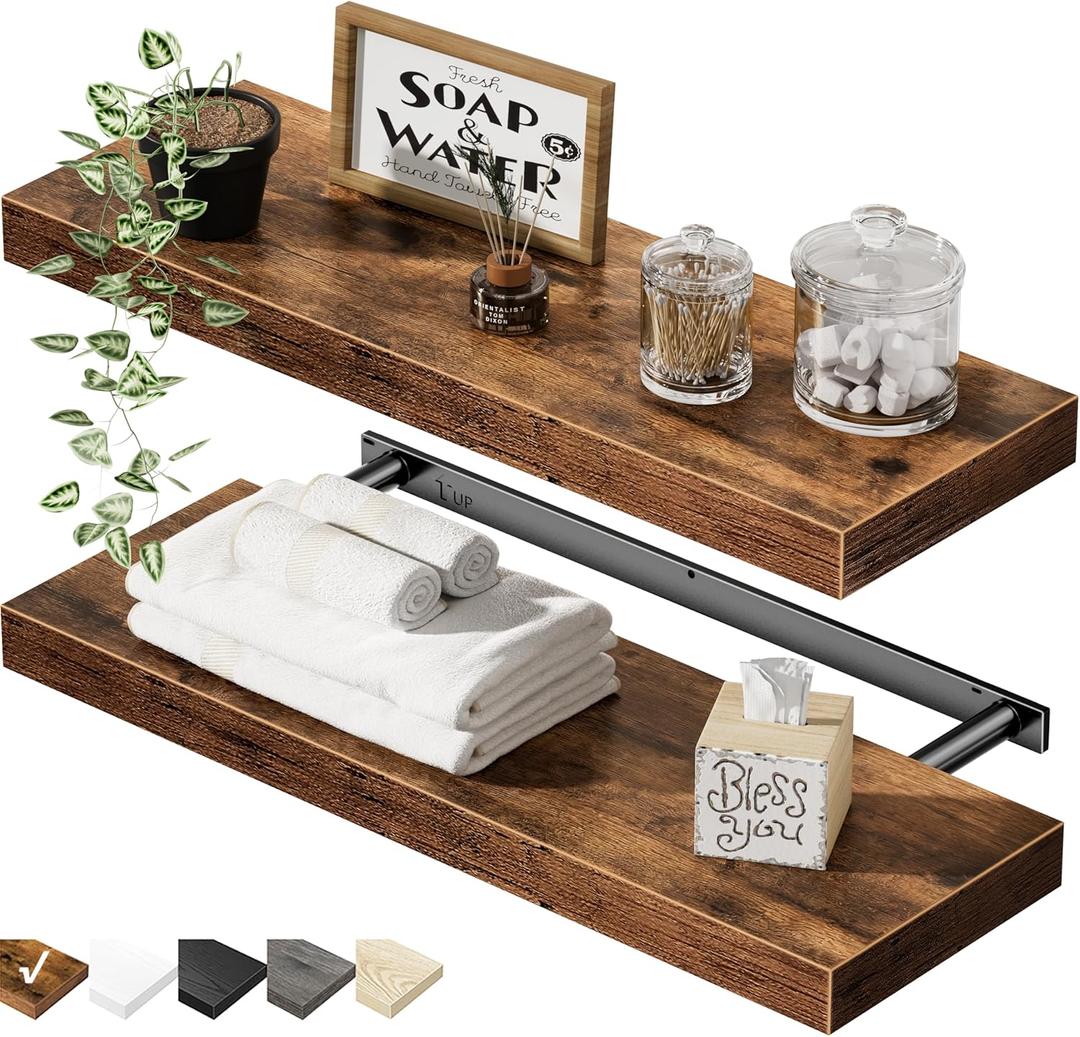 QEEIG Bathroom Floating Shelves for Wall - 15.7" Wall Mounted Shelf Over Toilet Farmhouse Home Decor Display Bookshelf Small 15.7 x 6.7 inch Set of 2, Rustic Brown