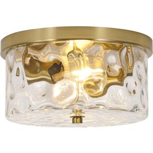 Krychiler 2-Light Flush Mount Ceiling Lights, 9.8 inch Foyer Lighting Fixtures with Ripple Glass Shade, Kitchen Lights Flush Ceiling Light Fixture for Bedroom, Island (Gold)