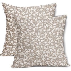 Tan Khaki Beige Daisy Floral Pillow Covers 22X22 Inch Vintage Flowers Decorative Pillow Cases Set of 2 Block Print Cotton Linen Throw Pillows Farmhouse Decor For Sofa Couch Porch Bed Cushion Outdoor
