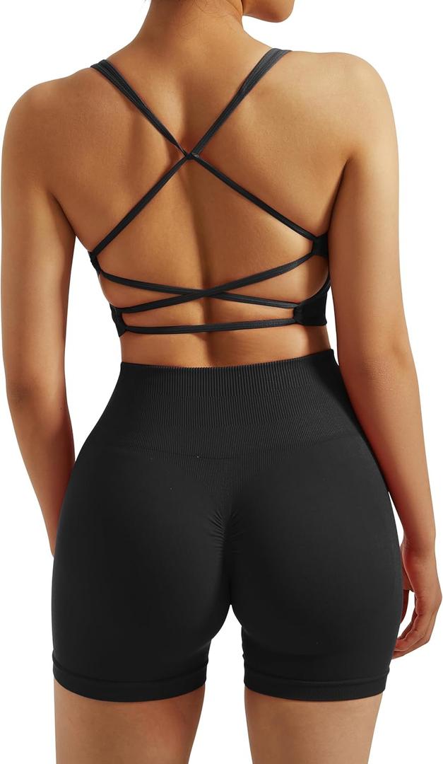 RXRXCOCO Seamless Workout Sets for Women 2 Piece Strappy Sports Bras Scrunch Butt Booty Shorts Matching Yoga Tracksuits (Small, Black)