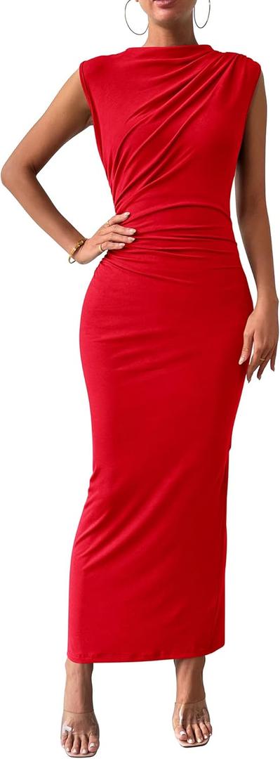 BTFBM Women's Ruched Bodycon Dress Summer Casual Sleeveless Back Slit Elegant Club Evening Party Cocktail Maxi Dresses (Small, Red)