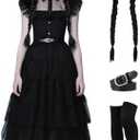 Cabeny Girls Halloween Costumes for Kids Black Dress Cosplay with Accessories Wig Socks Hairpin, Size 130