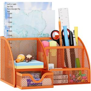 EasyPAG Mesh Desk Organizer with Drawer Multi-Functional Pen Holder Stationery Organizer for Office School Supplies 6 Compartments Dorm Organizers and Storage for Desk, Orange
