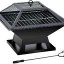 19.8inch Portable Small Fire Pit with a Removable Ash Pan, Fire Poker, Mesh Lid, 2 in 1 Square Outdoor Fireplace for BBQ, Outside Heating, Bonfire Party, Camping, Backyard, Patio, RV Trip
