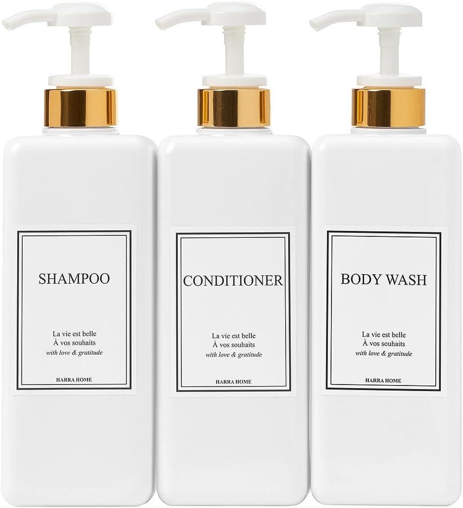 Harra Home Modern Gold Design Shampoo and Conditioner Dispenser, Large 27oz Shower Soap Dispenser, Set of 3 Refillable Empty Plastic Pump Bottles for Bathroom and Body Wash (6 Waterproof Labels Included), White