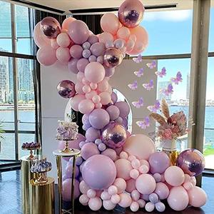 Monlot Baby Shower Decorations for Girl 135 Pcs Pink Purple Balloon Arch Kit Metallic Lavender Balloon Garland Double Stuffed Balloons Butterfly Stickers for Fairy First Birthday Decorations