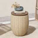YITAHOME Drum Side Table - Handwoven Rattan End Table with Solid Wood Lid | Indoor/Outdoor Multi-Functional Storage Container for Living Room, Patio, Bedroom | No Assembly (Brown)