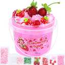 Crystal Slime, Pink Strawberry Jelly Cube Glimmer Crunchy Clear Slime with 8 Add-ins, Idea Stress Relief Toy, Kids Party Favor, Birthday Easter Christmas New Year Gift for Girls & Boys Age 6 7 8 9 10+