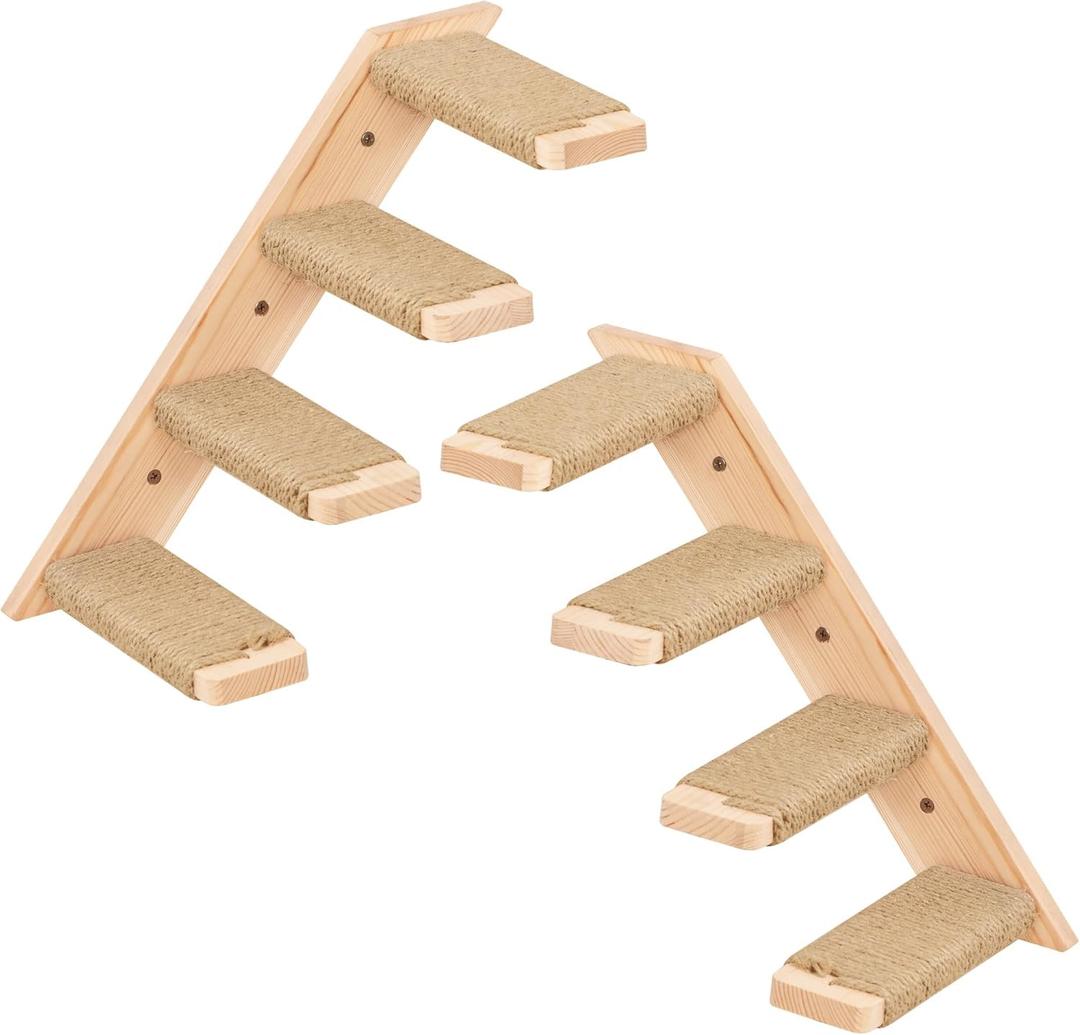 Cat Climbing Stair Shelf, Wall Mounted Ladder 2PCS 4 Steps Reversible Left & Right Direction, for Cats up to 15 Pounds, Cat Stairway with Jute Scratching Ladder Shelves for Kitten Perch Sleeping