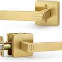 Square Keyless Privacy Door Lever, Brushed Gold Door Handles, Heavy Duty Gold Door Lever with Privacy Lock Reversible Door Handle for Right/Left Handed Bedroom Bathroom Doors