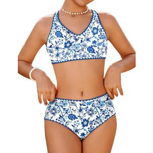 HOZIY Bikini Sets for Teens Size 10-12 Blue Floral Teen Tie Back Bathing Suit Swimsuits Tween Adjustable Straps Swim Suit 2 Piece Kids Swimwear