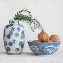 Hand Painted Stoneware Bowl with Floral Design, Blue and White, 14 inches x 14 inches x 6 inches
