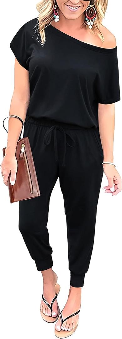 KAY SINN Summer Jumpsuit Rompers Off Shoulder for Women with Pockets Casual Elastic Waist (Large, 01-black)