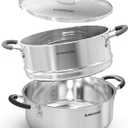 SUNHOUSE - 4.6 Quart Steamer Pots with Lid 2-Tier Multipurpose Stainless Steel Steaming Pot Cookware with Handle for Vegetable, Dumpling, Sauce, Food - Triple Bottom, Measurement Line