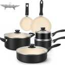 Amazon Basics 11-Piece Ceramic Non-Stick Pots and Pans Set, Dishwasher & Oven Safe, Easy Clean, Glass Lids, Black/Cream