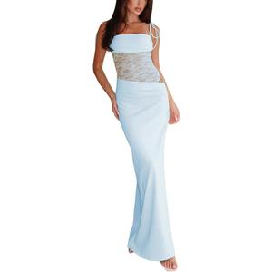 Women Sexy Lace Patchwork Maxi Dress Spaghetti Straps Y2K Sheer Long Bodycon Club Cocktail Long Dresses (Blue, L)