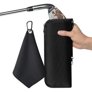 Golf Club and Golf Boll Cleaner Bag, Golf Ball Cleaner Pouch with 1 Pack Golf Ball Towel, Waterproof Outside, Clean Inside  Liner Technology, Machine Washable (Black)
