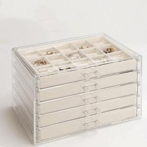 GUOER 5 Drawers Clear Jewelry Box for Women and Girls, Acrylic Earring Holder Organizer Ring Holder Display Storage, Mother's Day Warm White