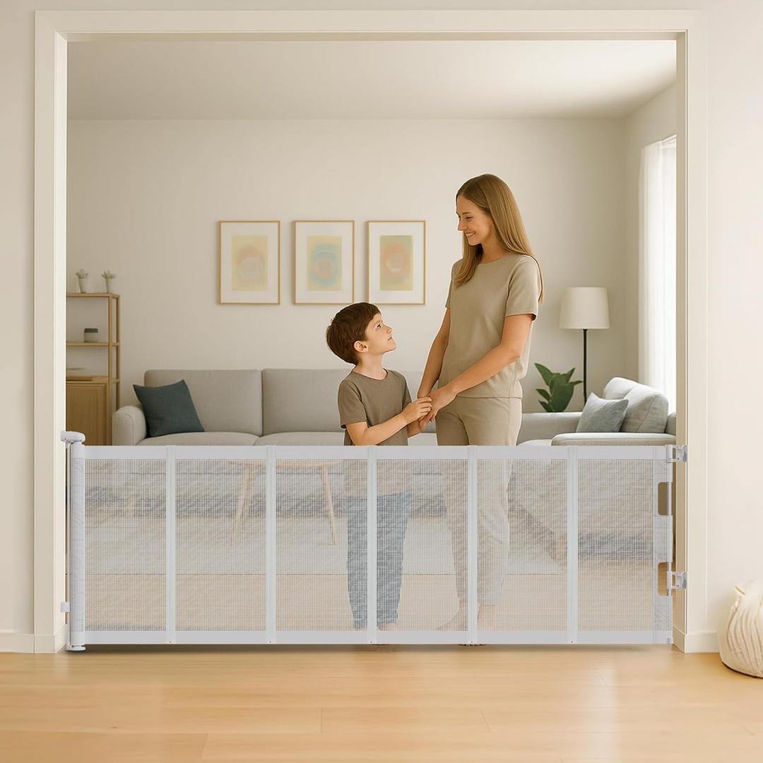 34" H Tall Mesh Dog Gate Extends Up to 150" W Retractable Pet Gate with Drill Installation, Preventing Crawling Through for Stairs, Doorways, Indoor & Outdoor (White)