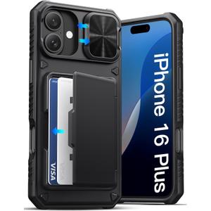 ATATOO for iPhone 16 Plus Case with Card Holder (Store 3-5 Cards) [RFID Blocking] & Slide Camera Cover, Military Grade Protection, Rugged Silicone Wallet Case for iPhone 16 Plus 6.7" 2024, Black