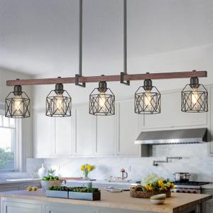 5-Light Modern Farmhouse Island Lighting, Adjustable Height Rustic Chandelier with Walnut Metal Frame & Matte Black Geometric Shade, E26 Base Hanging Light for Dining Room Over Table