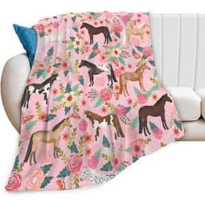 Horse Blanket Gifts for Girls Women Western Horses Flowers Print Fleece Flannel Throw Blankets Soft Lightweight Animal Plush Stuffed Pink Throws for Kids Adults Bed Sofa Decor 50"x40"