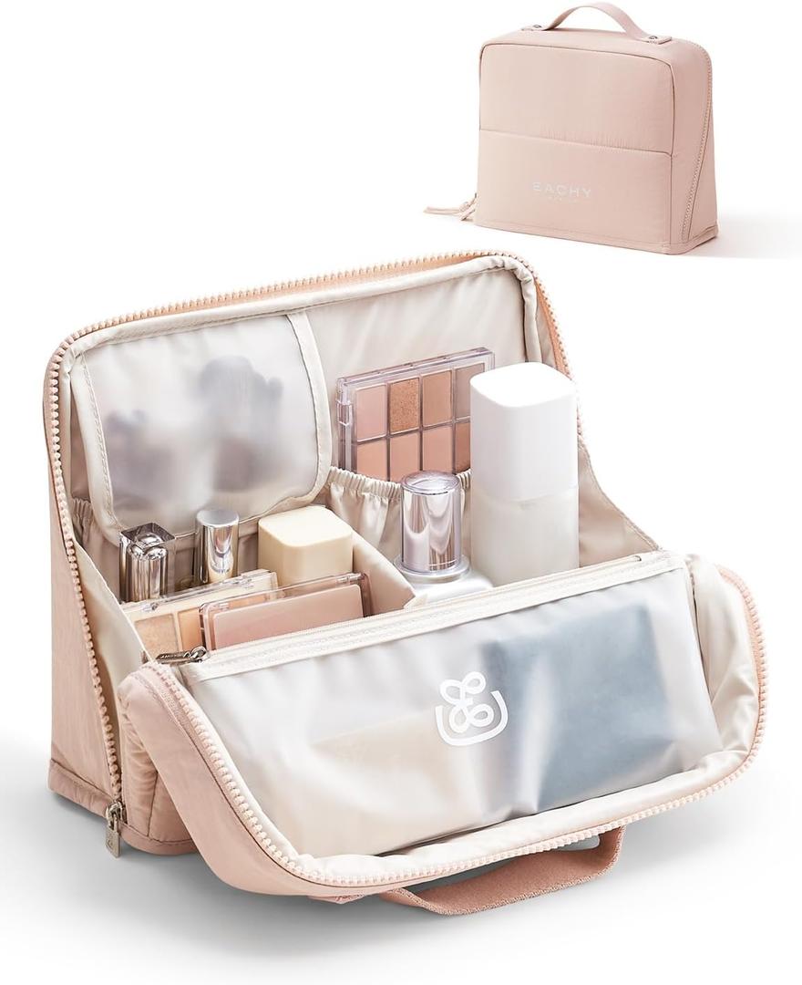 EACHY Standing Makeup Bag - Large Waterproof Cosmetic Bag & Toiletry Bag Organizer with Phone Holder, Detachable Dividers, Wipe-Clean Brush Pouch for Women