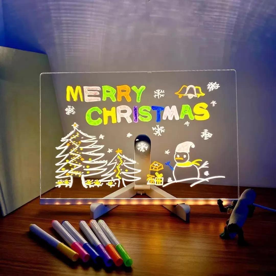 Led Note Board with Colors, 12"X8" Acrylic Dry Erase Board with Light, Light Up Dry Erase Board with Adjustable Stand, Led Board White Board with 7 Pen, Office Home Glow Rewritable Message Board.