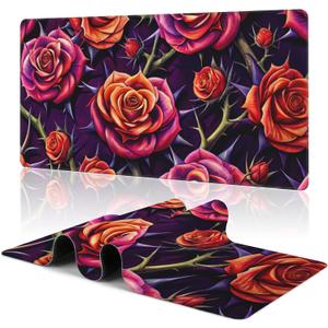 Vibrant Rose Large Extended Gaming Mouse Pad Roses and Thorns XXL Mousepad Desk Pad for Keyboard and Mouse, Non-Slip Rubber Base Mousepad with Stitched Edges for Office Desk Decor, 31.5 x 15.8 in