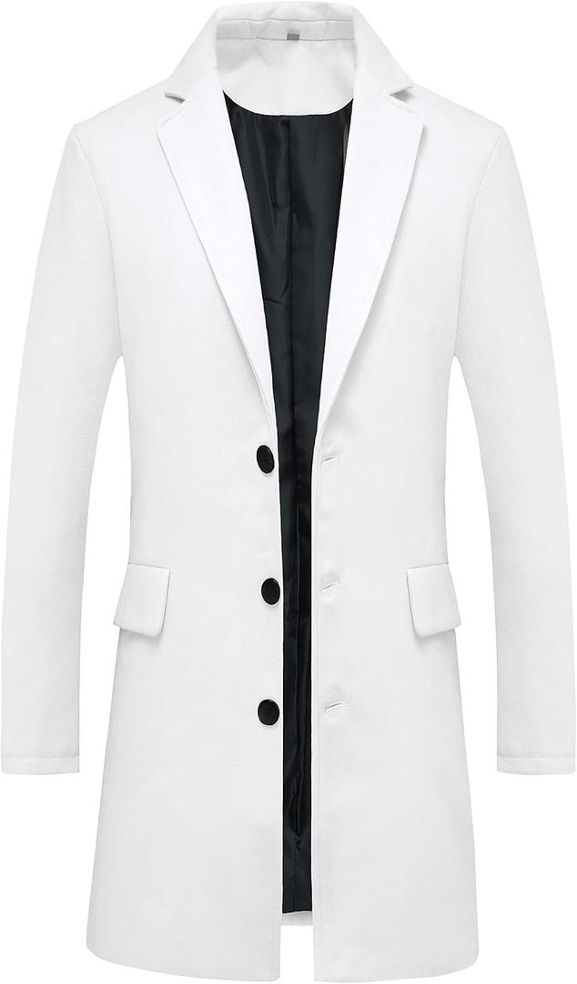 Lisskolo Men's Classic Wool Trench Overcoat Single Breasted Mid Long Wool Blend Top Pea Coats Jackets (Medium, White)