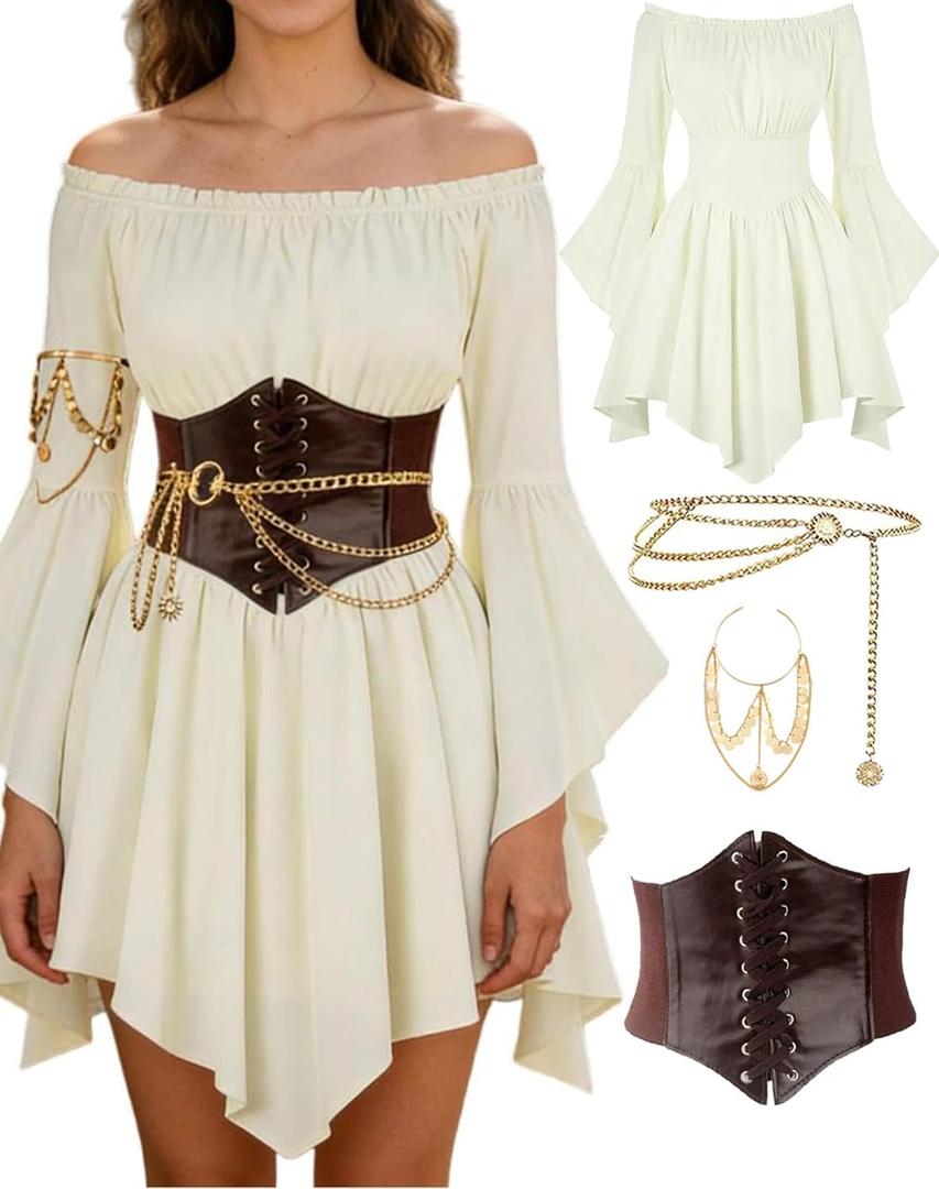 Renaissance Costume Women Pirate outfit Ren Faire Dress Off Shoulder Bell Sleeve Arm chain Waist Belt waist chain, Size Small