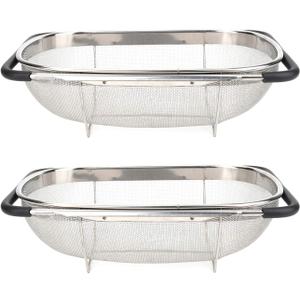 Suwimut 2 Pack Over the Sink Oval Colander for Kitchen, Stainless Steel Fine Mesh 6 Quart Strainer Basket with Expandable Rubber Grip Handles for Straining, Draining, Rinsing Fruits, Vegetables