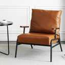 ZZV PU Leather Accent Chair with Solid Wood Armrest, Mid-Century Modern Chair, Lounge Armchair, Metal Framed Upholstered Armchair for Living Room, Bedroom, Home Office, Brown