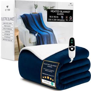 Heated Blanket Electric Luxurious Fleece Queen Blanket, 9 Heat Settings & 12H Auto Shut-Off, Gifts for Grandma, Grandpa, Seniors, 90x90 in (Navy, Queen US)