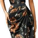 WDIRARA Women's Floral Print Cowl Neck Sleeveless Ruched Split Thigh Satin Cami Summer Dress (Medium, New Black)