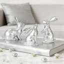 WDS WONDROUS Easter Bunny Figurines, Small Decorative Bunny Statue Set of 3, Easter Resin Rabbit for Modern Tabletop Decor Home Spring Decoration Gift, Shiny Silver Sculptures