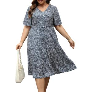 Keluummi Plus Size Summer Midi Dresses for Curvy Women, Casual Boho Floral V Neck Dress with Pockets (Blue)