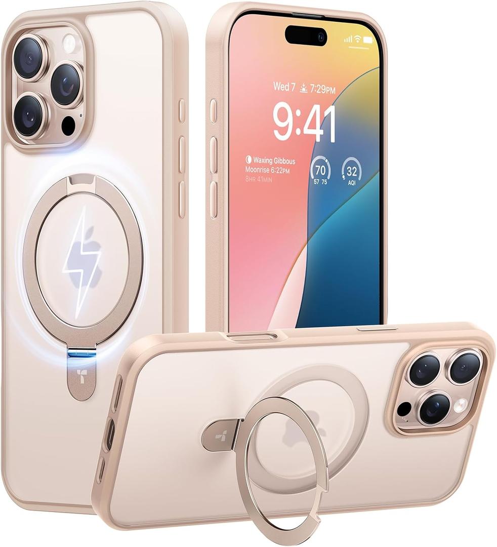 TORRAS Desert Titanium for iPhone 16 Pro Case Magnetic Stand, [Compatible with MagSafe][Flexible Stable Stand] MilGrade Protection Translucent Slim AntiScratch Ring Kickstand, Rose Gold 6.3", Ostand