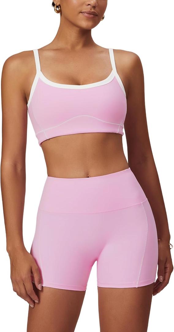 Workout Sets for Women 2 Piece Contrast Panel Sports Bra Tummy Control Butt lifting Shorts Jogger Outfits (Pink, L)