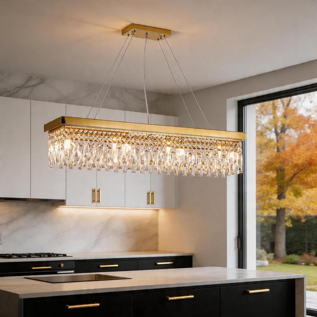 She's home Rectangular Modern Crystal Chandeliers for Dining Room 40",Gold Long Pendant Light Fixtures,K9 Raindrop Hanging Ceiling Light,Height Adjustable Linear Chandelier for Kitchen Over Table