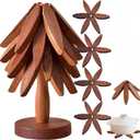 Wooden Tree Trivets for Hot Dishes - Set of 4 with Stand, Natural Foldable Kitchen 1 Stand Like a Christmas Tree Wooden Hot Pads Heat Resistant Trivets for Pots, Pans, Bowls & Teapots (Walnut-4)