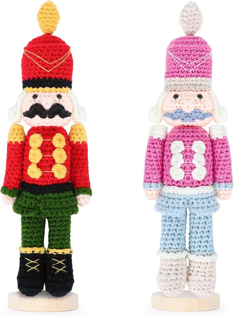 2 Pcs Crochet Christmas Nutcracker Characters with Wood Base Christmas Tree Crochet Tabletop Ornaments Xmas Holiday Nutcracker Soldier Figure Table Centerpieces Decoration Knitting Craft Art Supplies
