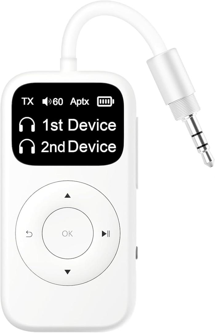 Airplane Bluetooth 5.3 Adapter, Bluetooth Transmitter for Headphones with aptX Low Latency, Dual Link, 3.5mm Audio Wireless Transceiver Perfect for Airline, Flights, Aeroplane, Travel, TV