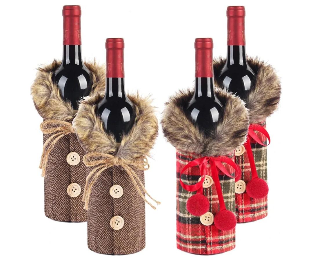 Christmas Bottle Cover Set, 6pcs Gift Bag, Burlap Sweater Collar & Button Coat Design Decorations for Xmas, Wedding, Birthday, Holiday Party