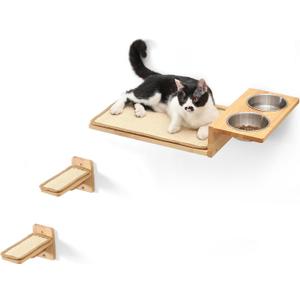 FUKUMARU Cat Wall Shelves, 3 In 1 Cats Walls Furniture Set, Food Station with 2 Steps , Solid Rubber Wood Perch, Suitable for Kitten Play, Nap, Eat, DIY Wall Jungle Gym