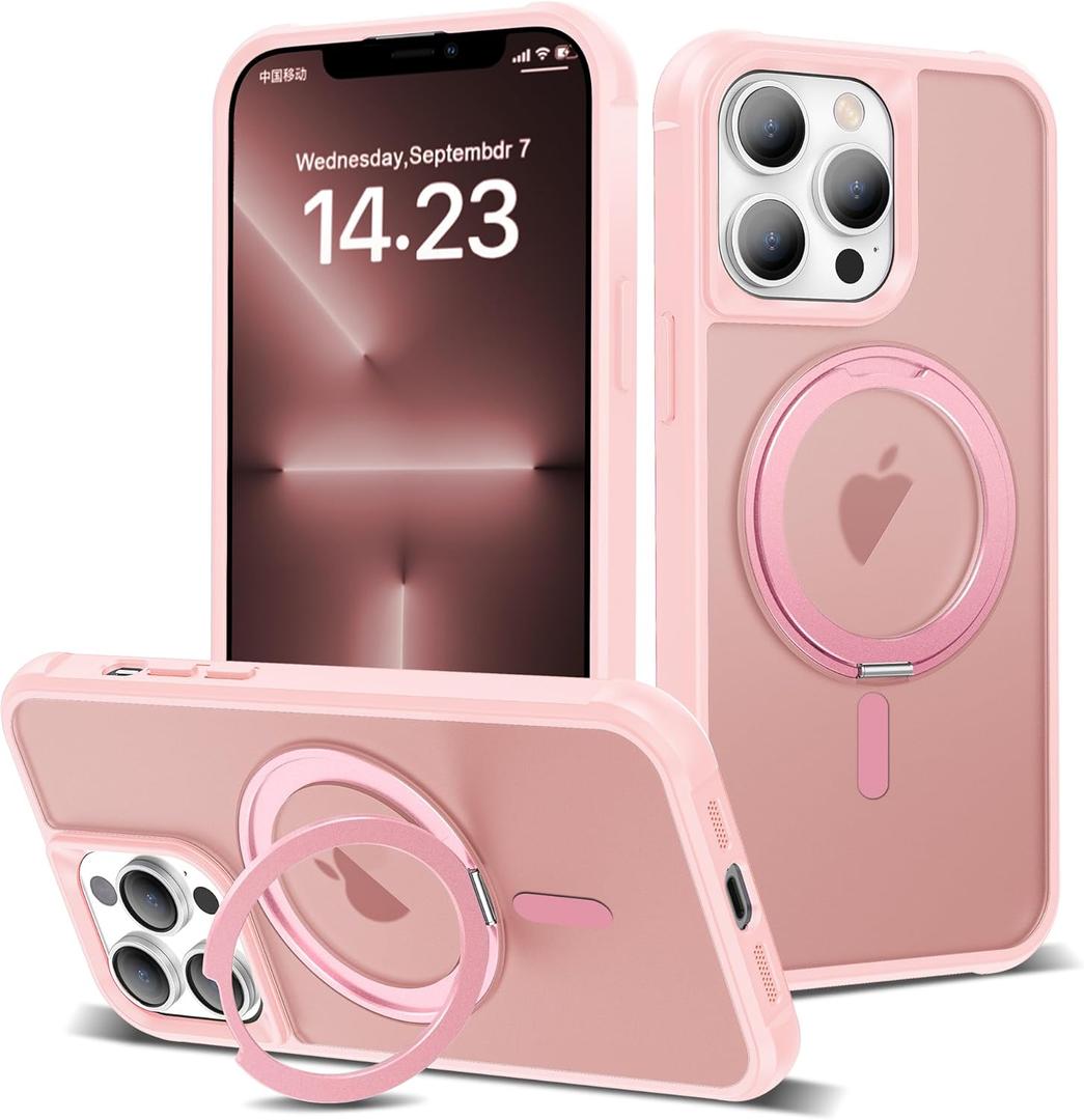 for iPhone 13 Pro Case 6.1 Inches 360Rotatable Magnetic Ring Invisible Stand,[Compatible with Mag-Safe] Military Shockproof Frosted Translucent Case,Pink