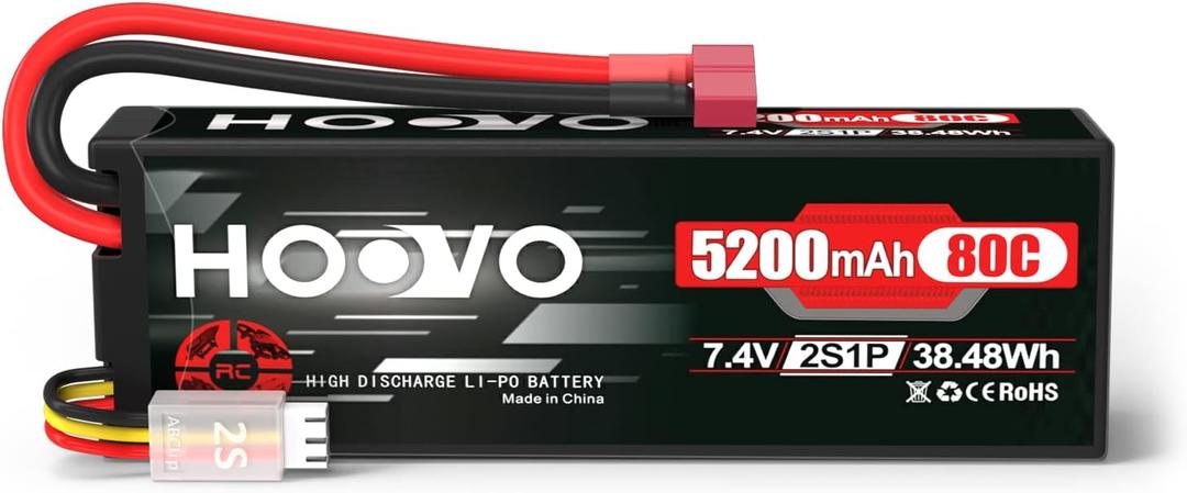 HOOVO 2S 7.4V 80C 5200mAh LiPo Battery Pack Hard Case with T Plug Connector for RC Buggy Vehicles Car Boats Trucks Duratrax