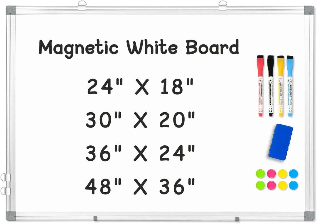 Double-Sided Magnetic Whiteboard, 24" x 18" Dry Erase Board Aluminum Frame for Wall, White Board Marker Board for Kitchen, Memo, School, Home, Office